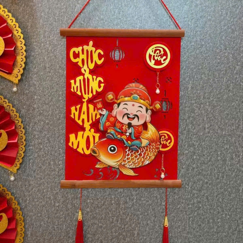 Combo Cặp Liễn Vuông Nẹp Gỗ Thần Tài Cưỡi Cá Chép - Thiết Kế Độc Đáo Phong Cách Truyền Thống May Mắn Cho Trang Trí Nhà C