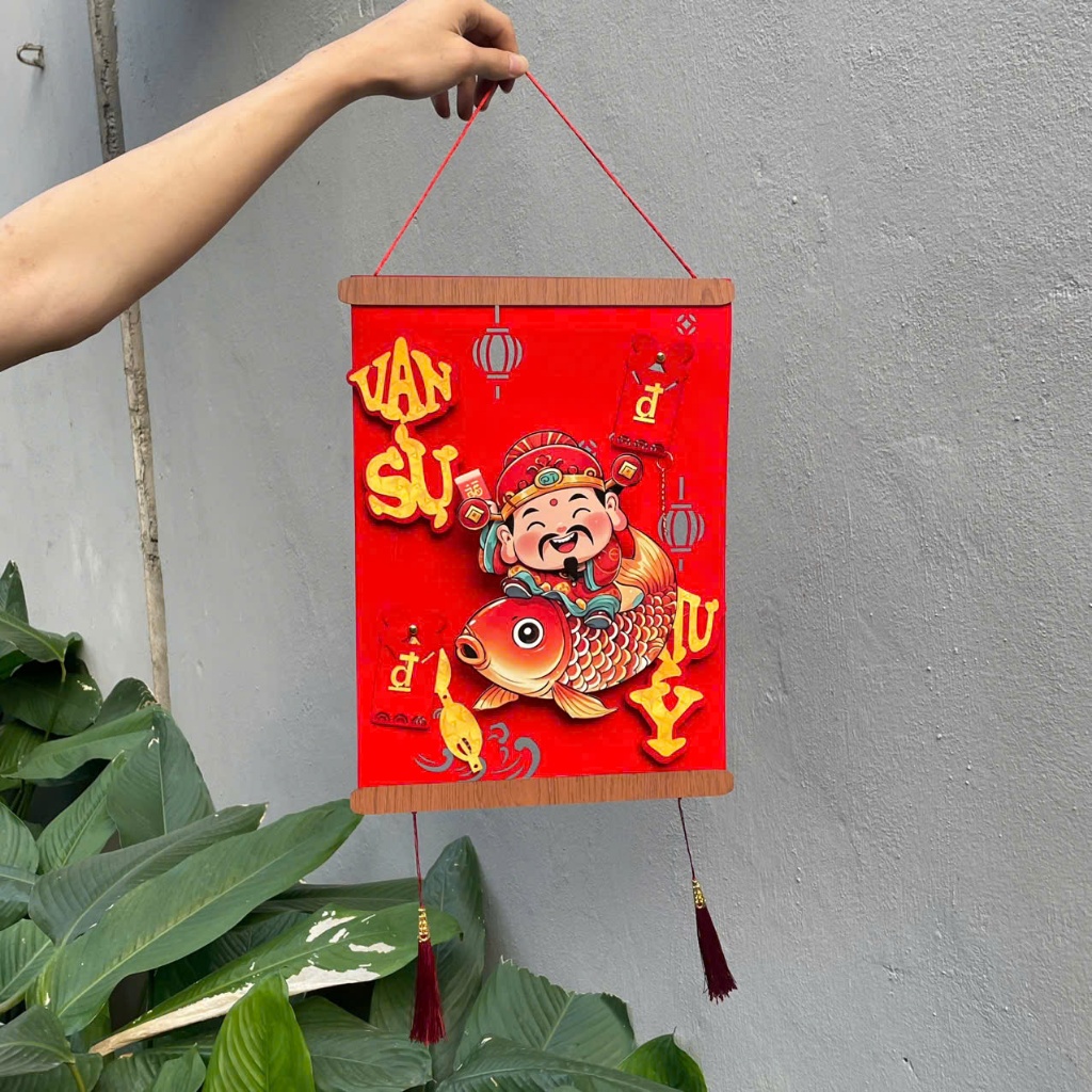 Combo Cặp Liễn Vuông Nẹp Gỗ Thần Tài Cưỡi Cá Chép - Thiết Kế Độc Đáo Phong Cách Truyền Thống May Mắn Cho Trang Trí Nhà C
