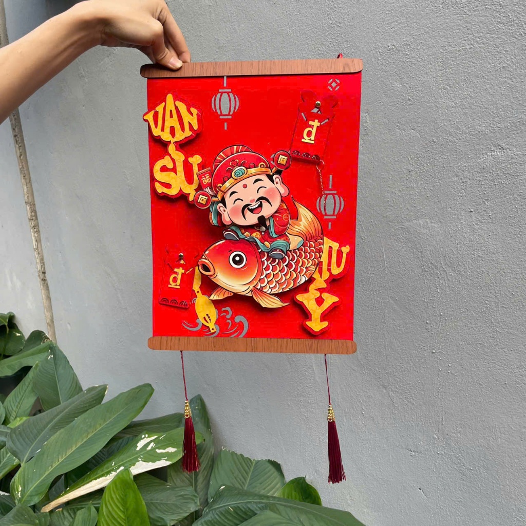 Combo Cặp Liễn Vuông Nẹp Gỗ Thần Tài Cưỡi Cá Chép - Thiết Kế Độc Đáo Phong Cách Truyền Thống May Mắn Cho Trang Trí Nhà C