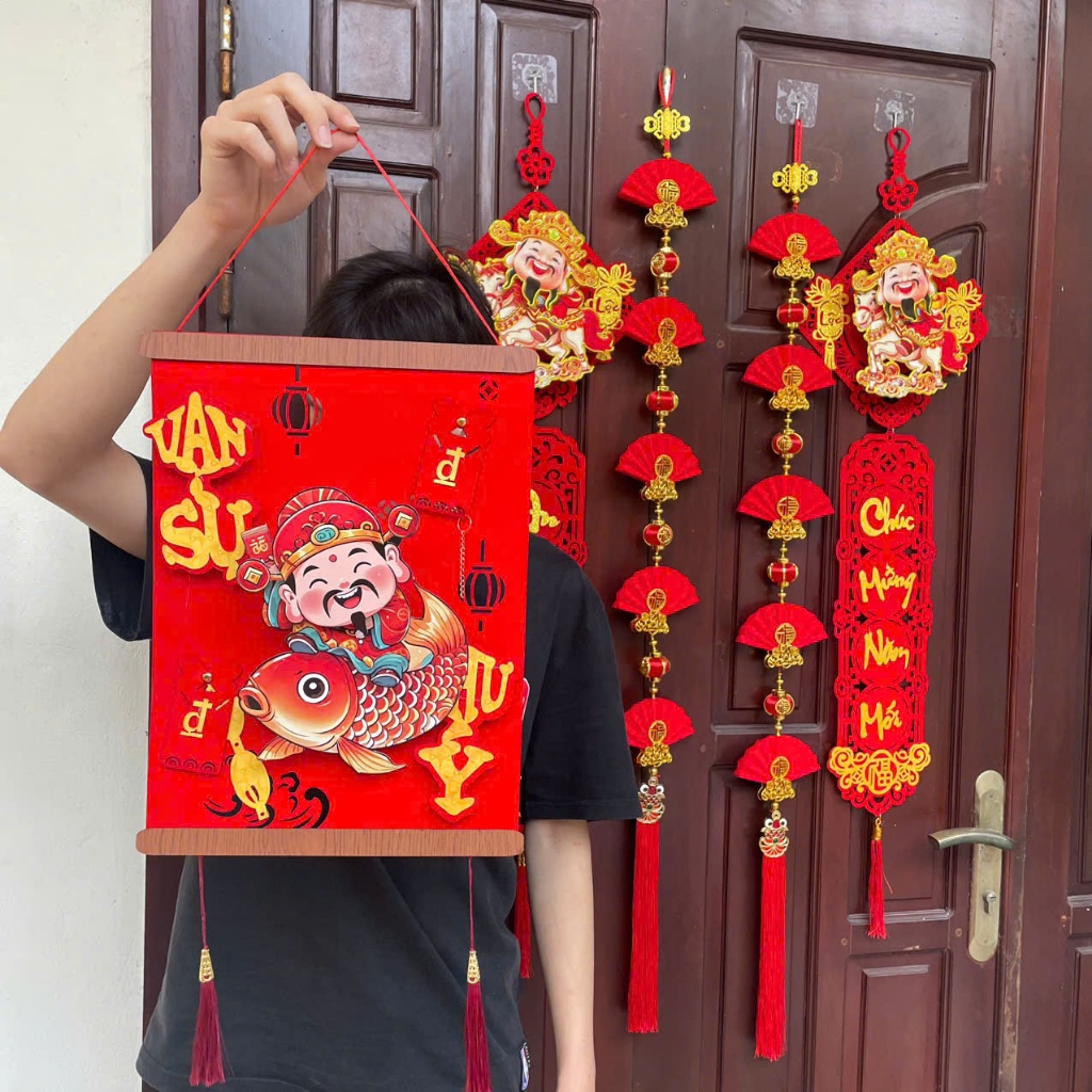 Combo Cặp Liễn Vuông Nẹp Gỗ Thần Tài Cưỡi Cá Chép - Thiết Kế Độc Đáo Phong Cách Truyền Thống May Mắn Cho Trang Trí Nhà C