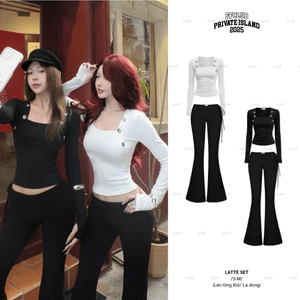 SET Áo len Latte tay dài phối nút & Quần ống loe cạp trễ FFCLUB