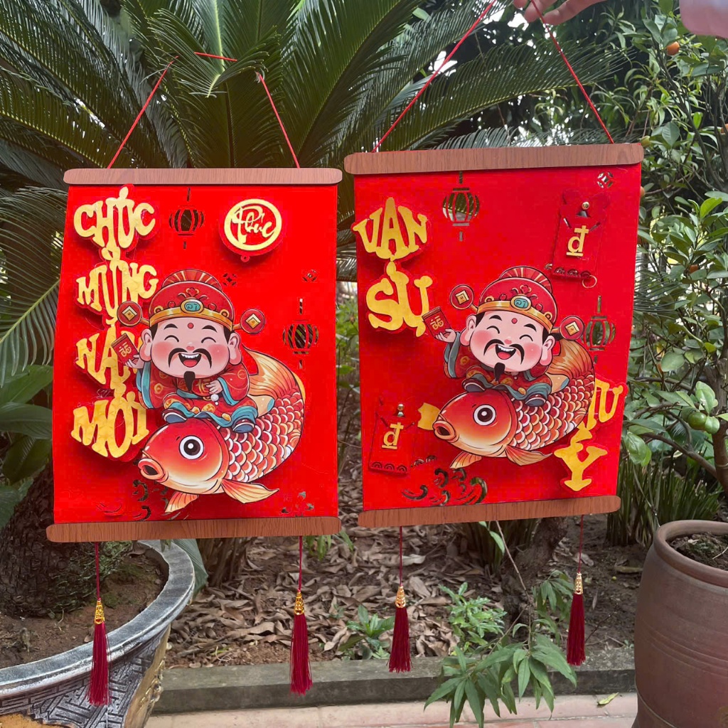 Combo Cặp Liễn Vuông Nẹp Gỗ Thần Tài Cưỡi Cá Chép - Thiết Kế Độc Đáo Phong Cách Truyền Thống May Mắn Cho Trang Trí Nhà C
