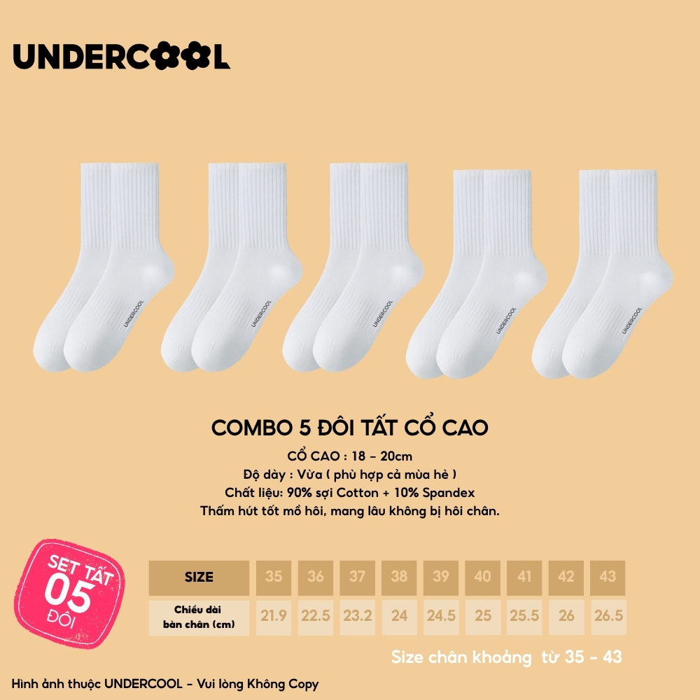 COMBO 5 đoi Tất vớ nữ unisex UNDERCOOL kiểu Hàn Quốc co giãn bốn chiều basic , chống hôi chân Live , CB-TC96