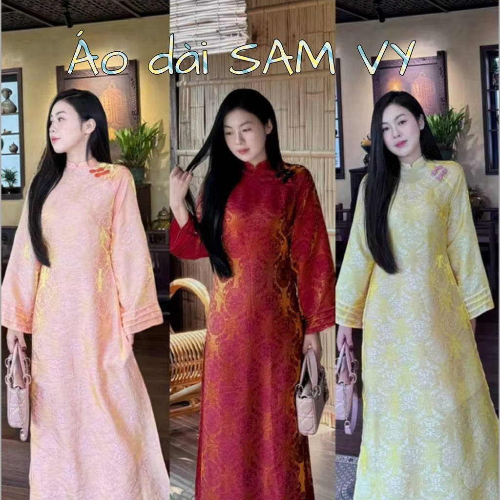 Áo dài Tằm thọ ánh Kim mặc Tết. Tay Xếp ly loe nhẹ, chất tằm loại 1 có óng ánh