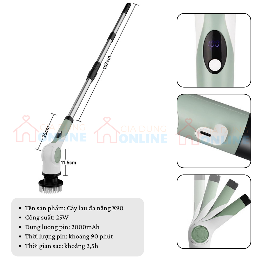 Bàn chải kiêm cây lau nhà điện X90 10 trong 1,  đầu có động cơ xoay dùng pin cho lau chùi cọ chà đa năng