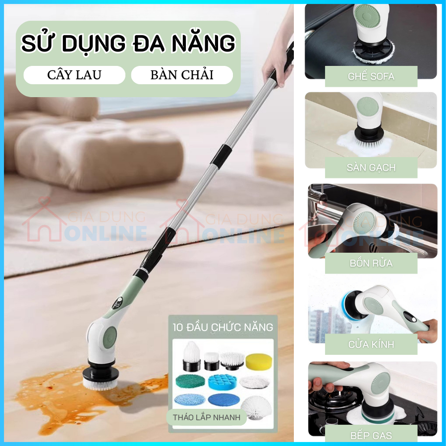 Bàn chải kiêm cây lau nhà điện X90 10 trong 1,  đầu có động cơ xoay dùng pin cho lau chùi cọ chà đa năng