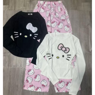 Set bộ áo bbt dài tay in ria mèo mix quần đũi kitty mặt to