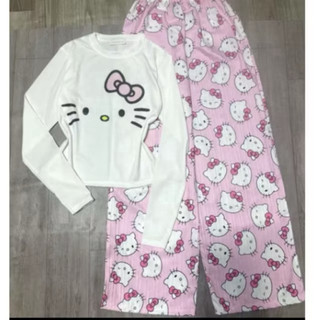 Set bộ áo bbt dài tay in ria mèo mix quần đũi kitty mặt to
