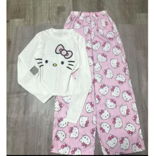 Set bộ áo bbt dài tay in ria mèo mix quần đũi kitty mặt to