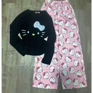 Set bộ áo bbt dài tay in ria mèo mix quần đũi kitty mặt to