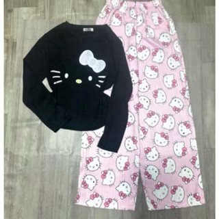 Set bộ áo bbt dài tay in ria mèo mix quần đũi kitty mặt to