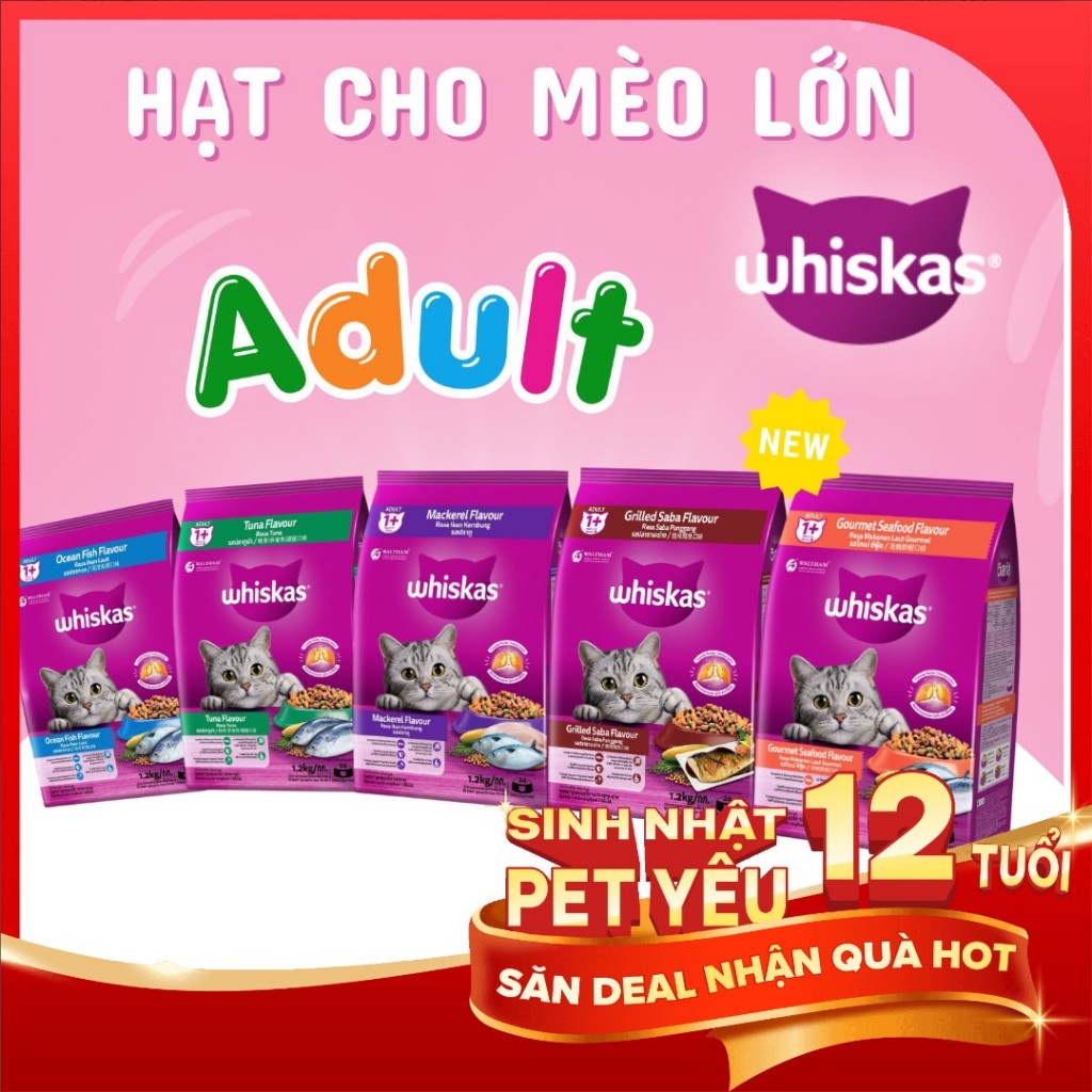 Thức Ăn Mèo Whiskas 1,2kg – 1,1kg Dạng Hạt Cho Mèo Lớn Và Mèo Con