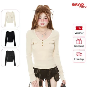 Áo thun dài tay nữ GRADPOPU cổ tròn phối nhiều mảnh vải có túi chất liệu dệt kim cao cao cấp DT71