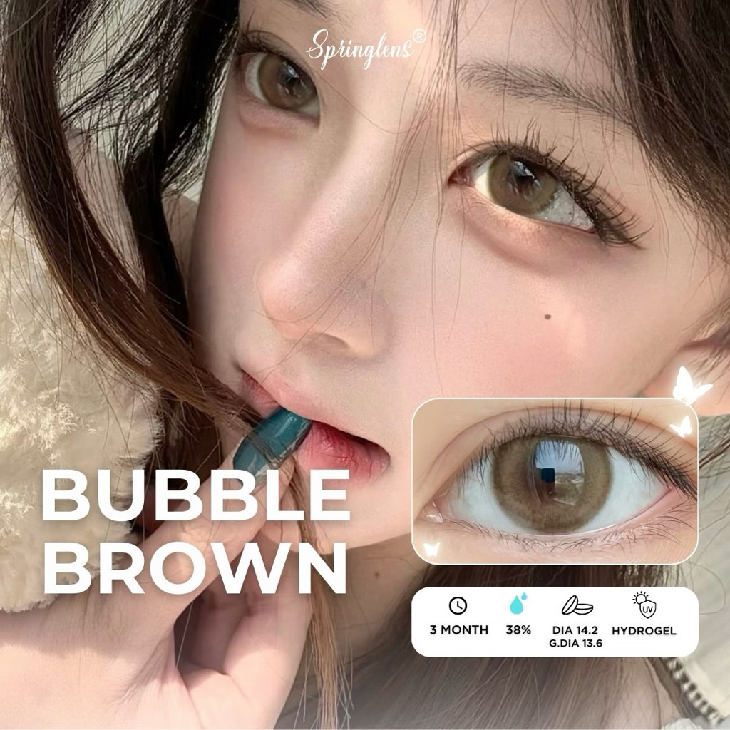 Kính áp tròng nâu trà Bubble Brown viền nhẹ có giãn tròng 3 tháng 0-7 độ | Spring Lens