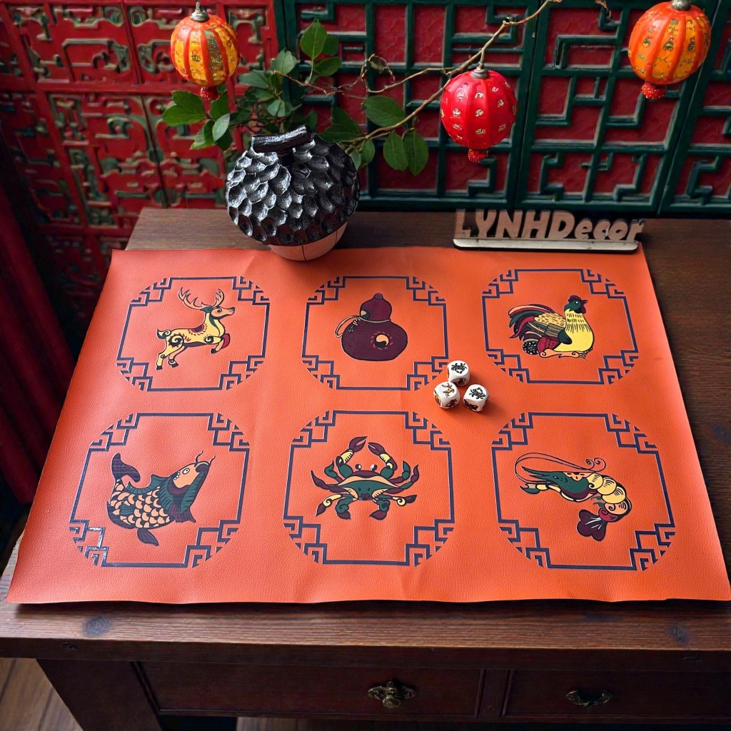 Bộ Bầu Cua Tôm Cá BÀN DA SIMMILI Xúc Xắc GỖ CAO CẤP - LynhDecor Free in Logo