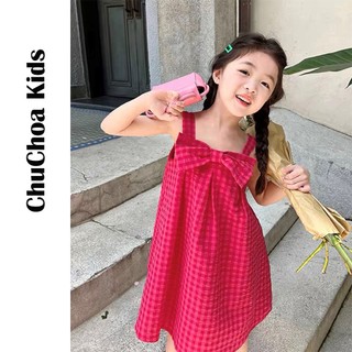 Váy bé gái, đầm bé gái 2 dây kẻ Caro có nơ dễ thương dáng suông ChuChoaKids [VBC1]
