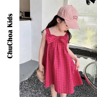 Váy bé gái, đầm bé gái 2 dây kẻ Caro có nơ dễ thương dáng suông ChuChoaKids [VBC1]