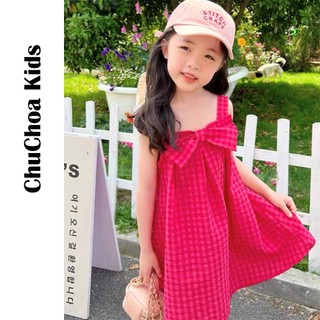 Váy bé gái, đầm bé gái 2 dây kẻ Caro có nơ dễ thương dáng suông ChuChoaKids [VBC1]