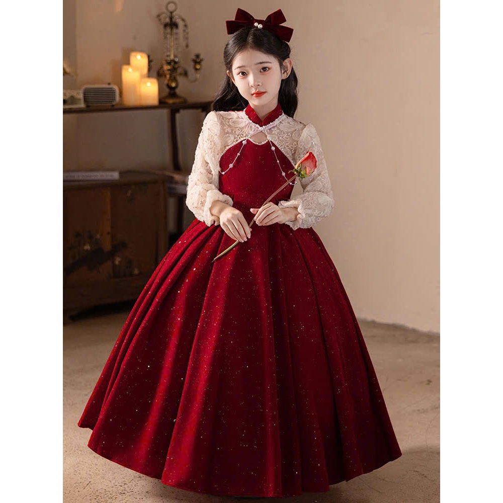 váy công chúa bé gái , váy noel cho bé gái đỏ nhung kim tuyến tùng dài ( mã 029 )