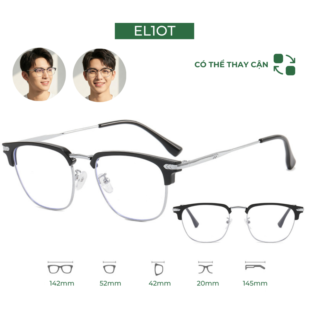 Gọng kính cận ELIOT EYEWEAR mắt kính nửa viền Clubmaster chống ánh sáng xanh có thể thay thế tròng cận EL-15208
