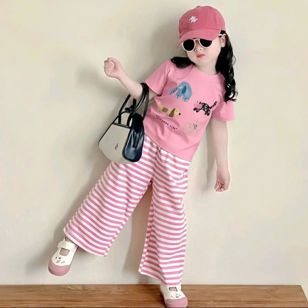 14-45kg.Quần áo cộc tay quần xuông kẻ cho bé gái in hình hoặt hình chất vải tăm lạnh mềm mịn co giãn thoải mái.M54