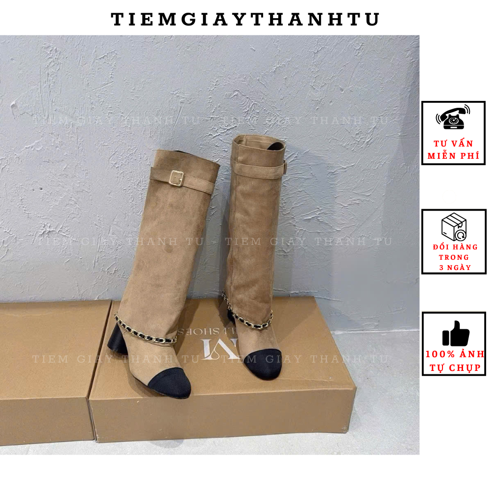 C0807-8 MIJILI Bốt đùi nữ da lộn viền xích cổ rộng phối đai khuy hàng QCCC