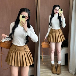 Chân váy ngắn da lộn xếp ly bản nhỏ (có quần bảo hộ) CVdalonxeply63