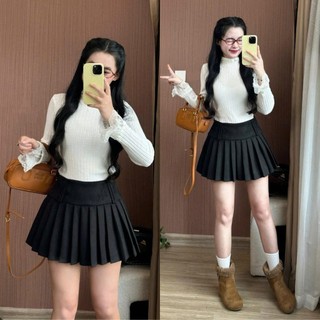 Chân váy ngắn da lộn xếp ly bản nhỏ (có quần bảo hộ) CVdalonxeply63