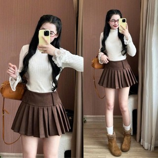 Chân váy ngắn da lộn xếp ly bản nhỏ (có quần bảo hộ) CVdalonxeply63
