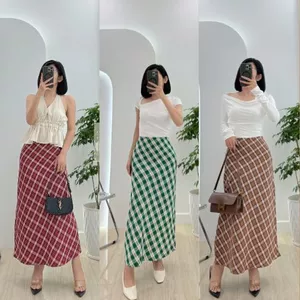 Chân váy caro dài chữ A cạp trễ/lưng cao có lót váy suông dài chữ A midi