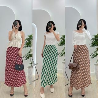 (Về màu Noel Xanh Đỏ) Chân váy caro dài chữ A cạp trễ/lưng cao có lót váy suông dài chữ A midi