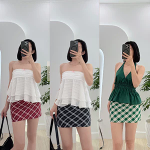 Chân váy chữ A caro ngắn lưng thấp y2k mini skirt có lót quần