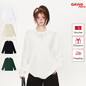 Áo thun dài tay GRADPOPU cổ tròn màu trơn dáng rộng chất liệu cotton dày dặn dành cho nữ DT254