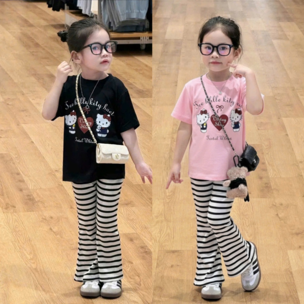 4-15 TUỔI Bộ quần áo trẻ em cộc tay in hellokitty chất vải tăm lạnh phối quần kẻ ống loe co giãn thoải mái M55