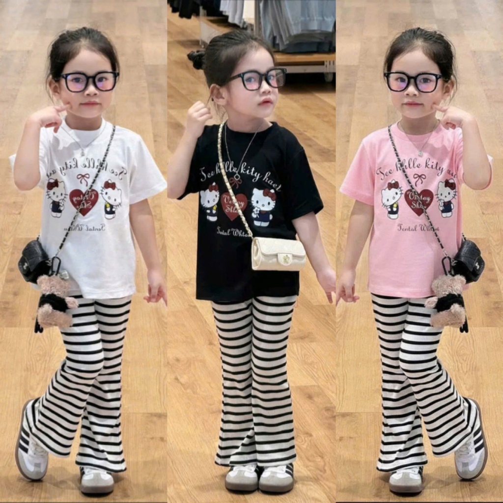 4-15 TUỔI Bộ quần áo trẻ em cộc tay in hellokitty chất vải tăm lạnh phối quần kẻ ống loe co giãn thoải mái M55