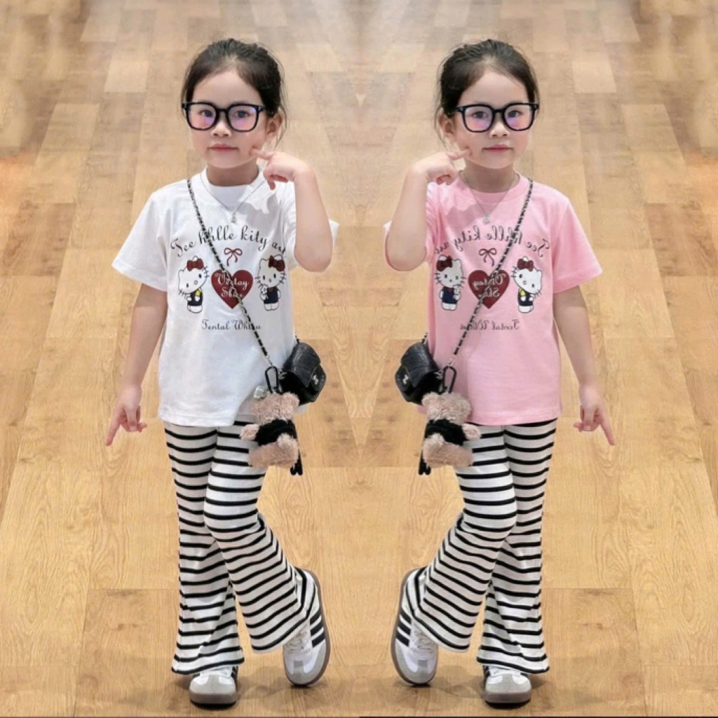 4-15 TUỔI Bộ quần áo trẻ em cộc tay in hellokitty chất vải tăm lạnh phối quần kẻ ống loe co giãn thoải mái M55