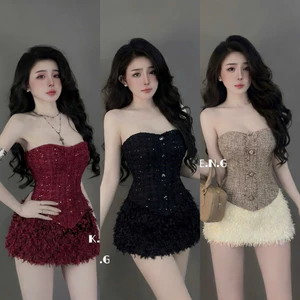 Set đầm dạ nữ sang chảnh đi chơi Tết mix váy lông kèm ảnh thật a24