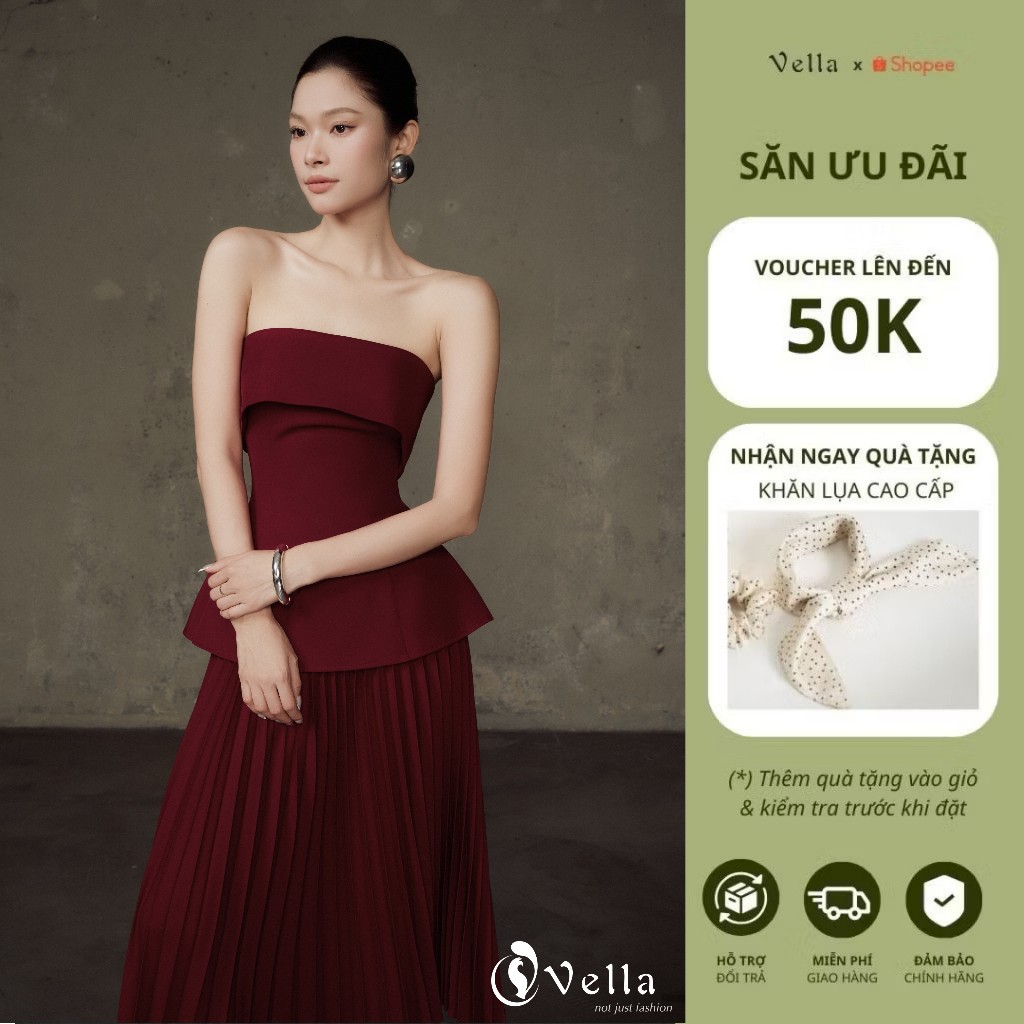 Set Váy Áo Đỏ Burgundy Dự Tiệc – Áo Peplum Cúp Ngực & Chân Váy Xếp Li Vella VA25088 VV25127