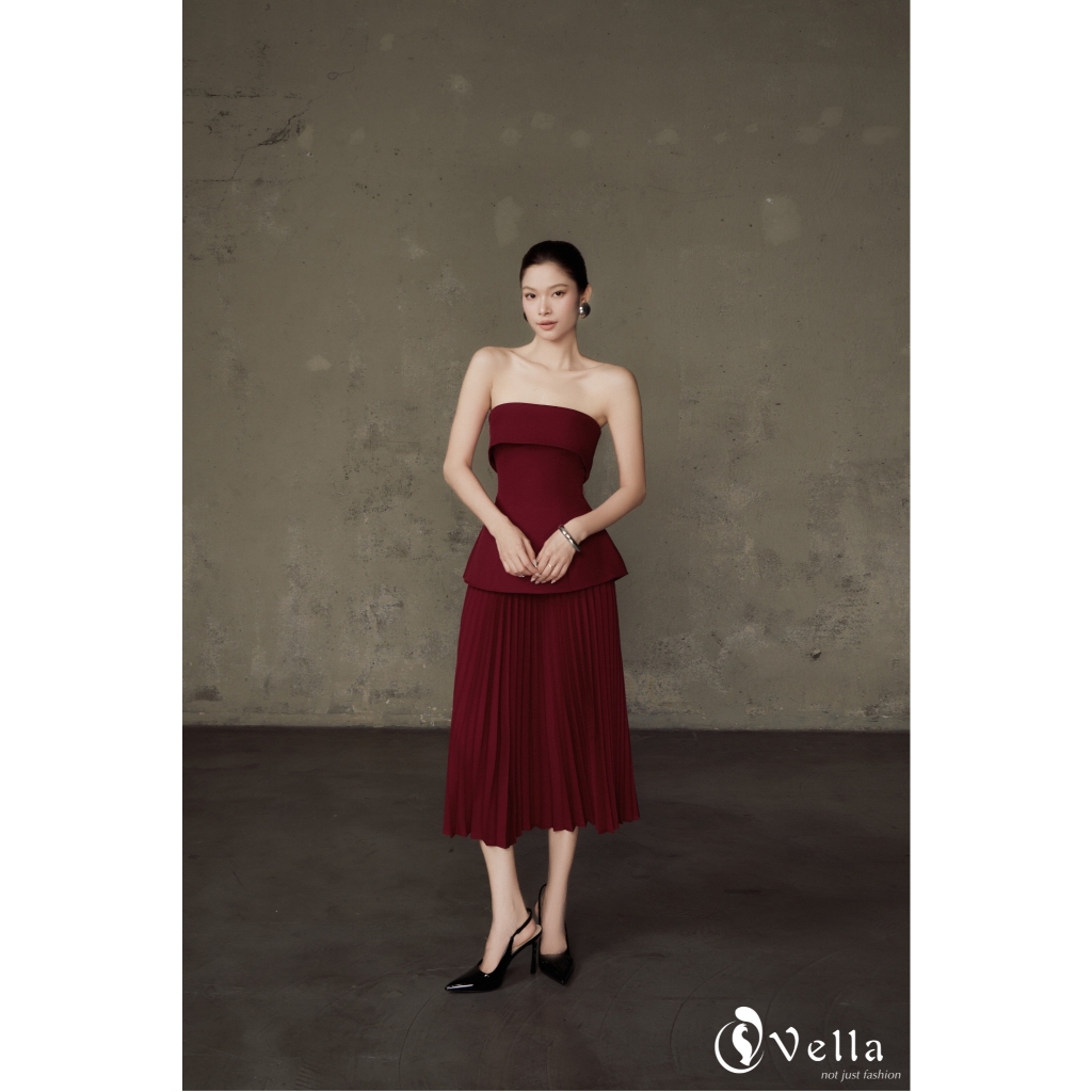 Set Váy Áo Đỏ Burgundy Dự Tiệc – Áo Peplum Cúp Ngực & Chân Váy Xếp Li Vella VA25088 VV25127