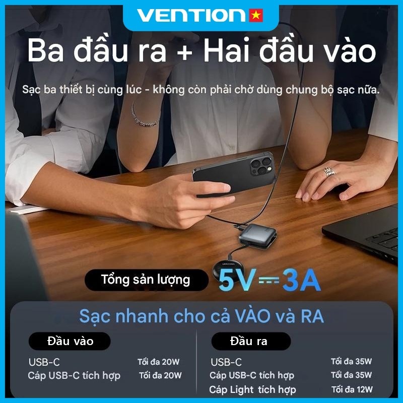Sạc Dự Phòng 10000mAh Vention 35W Hỗ Trợ PD Có Sẵn Dây USB-C & Light Thiết Kế Nhỏ Gọn Dùng Cho Điện Thoại ,Tai Nghe