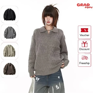 Áo len nữ GRADPOPU dệt kim cổ polo kiểu retro với thiết kế tinh tế thoải mái màu trơn PAL219