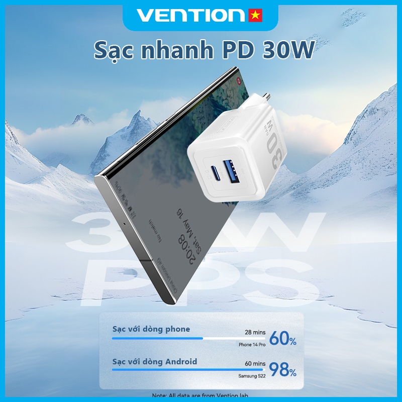 Củ Sạc Nhanh 30W GaN Vention, Tích Hợp 2 Cổng USB và Type C, Hỗ Trợ Sạc Nhanh PD