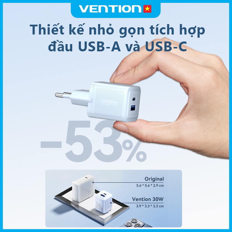Củ Sạc Nhanh 30W GaN Vention, Tích Hợp 2 Cổng USB và Type C, Hỗ Trợ Sạc Nhanh PD