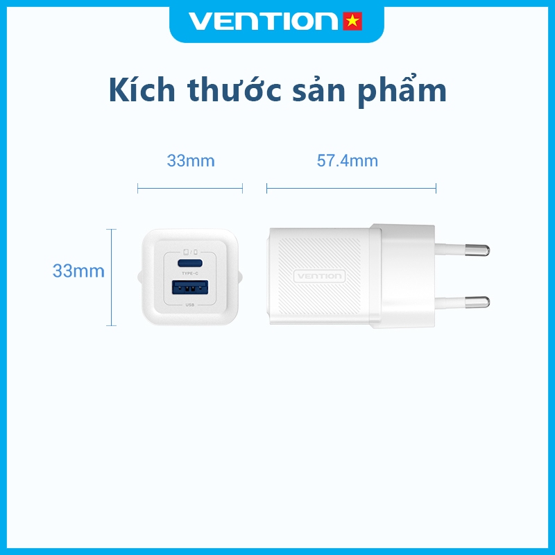 Củ Sạc Nhanh 30W GaN Vention, Tích Hợp 2 Cổng USB và Type C, Hỗ Trợ Sạc Nhanh PD
