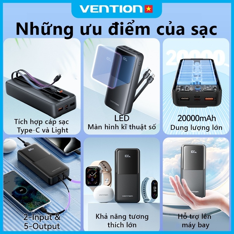 Pin Sạc Dự Phòng 20000mAh 22.5W Vention Sẵn Cáp Type-C & Light, Sạc Nhanh PD QC, LED Hiển Thị Pin, Đạt Chuẩn Máy Bay