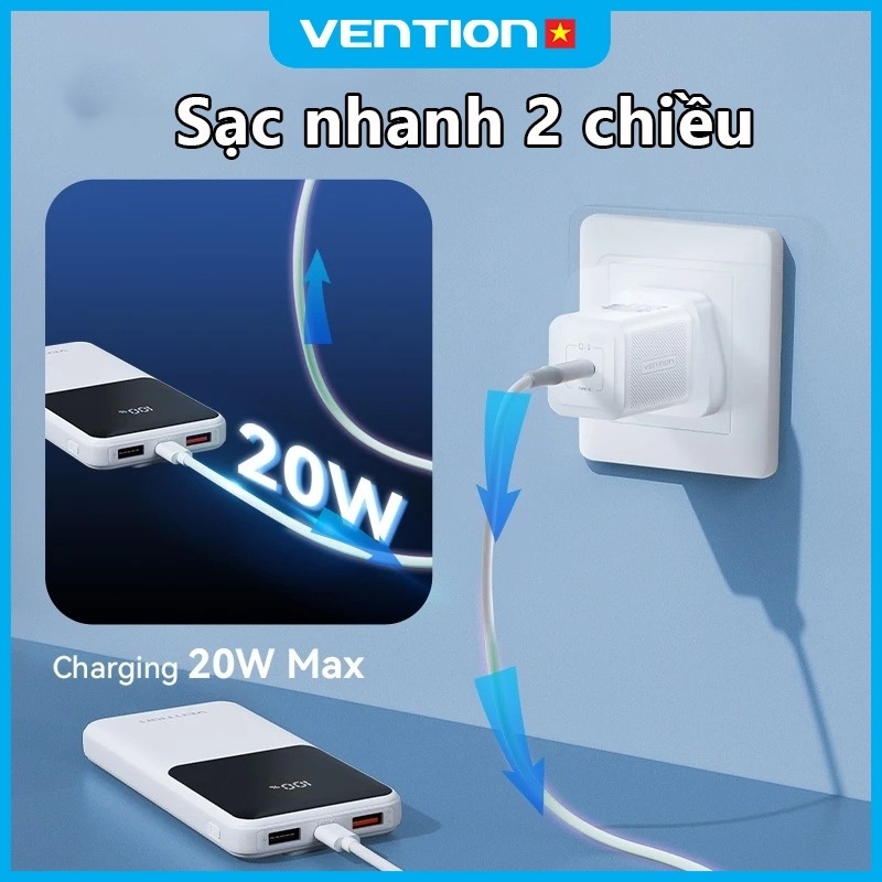 Pin Sạc Dự Phòng 20000mAh 22.5W Vention Sẵn Cáp Type-C & Light, Sạc Nhanh PD QC, LED Hiển Thị Pin, Đạt Chuẩn Máy Bay