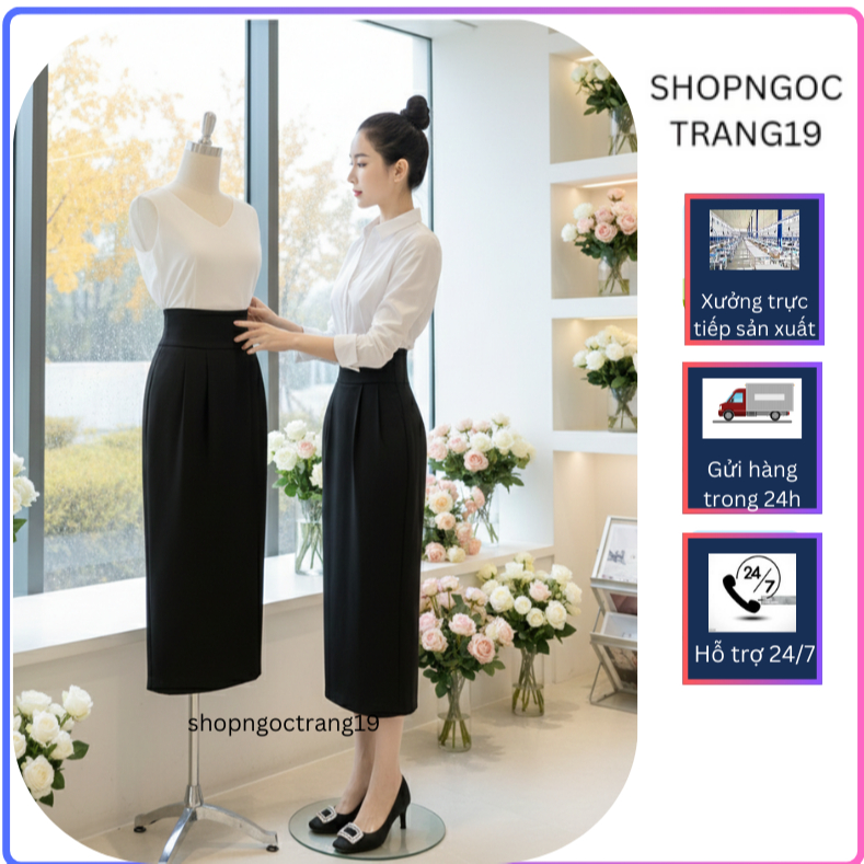 Chân váy bút chì dài cạp cao shopngoctrang10 vải vitex dày co giãn nhẹ CV92