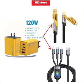 Bộ sạc 120W 4 Cổng, dây sạc bọc dù 4 trong 1 65W, dây 3 đầu, Sạc nhanh, AN Toàn