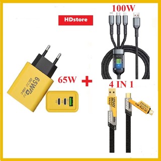 Bộ sạc 65W 3 cổng 2 cổng Type C + 1 cổng USB + dây sạc bọc dù 4 trong 1 Sạc Nhanh và An Toàn