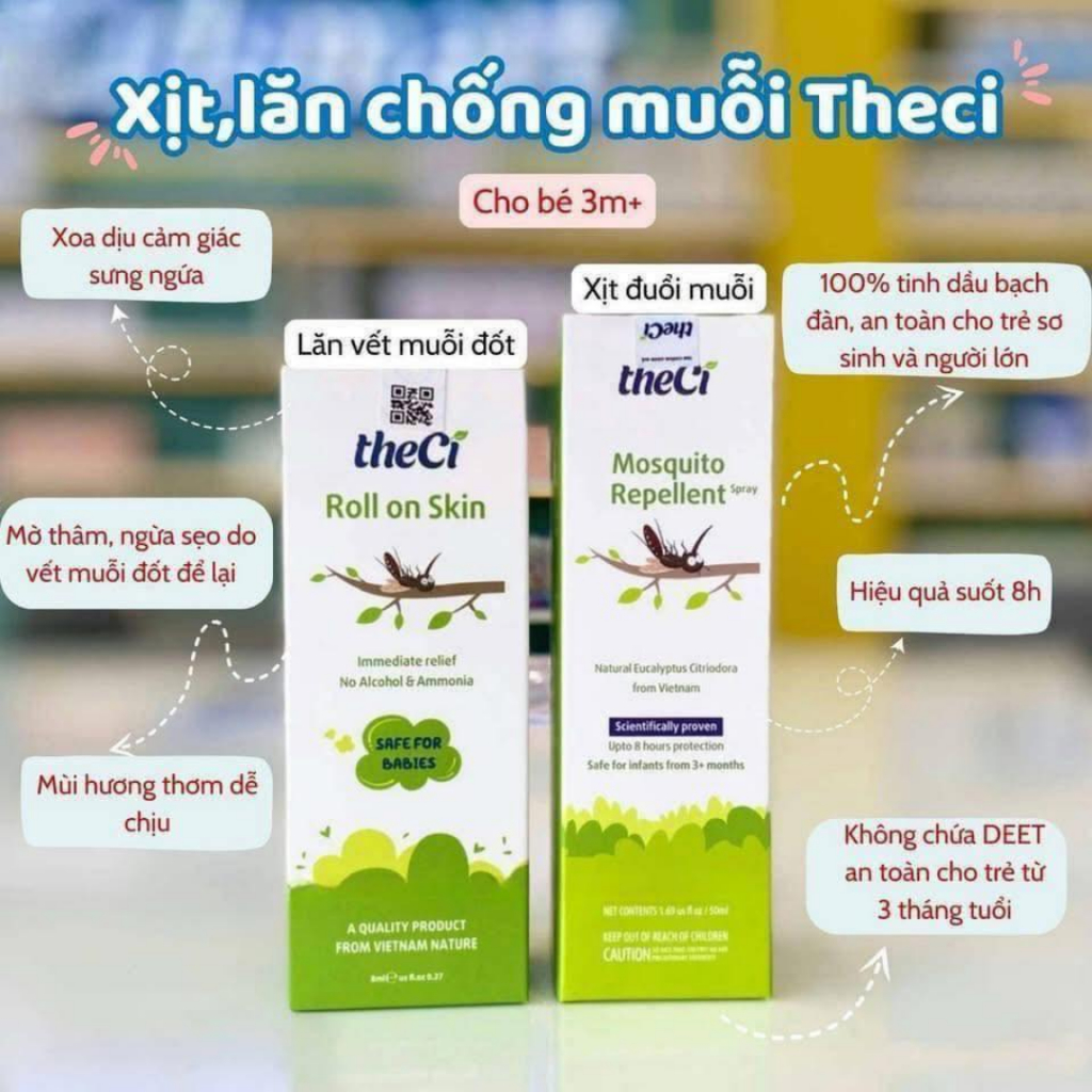Xịt chống muỗi THECI 50ml / Thanh lăn bôi muỗi Theci 8ml giảm ngứa , giảm sưng an toàn cho Bé